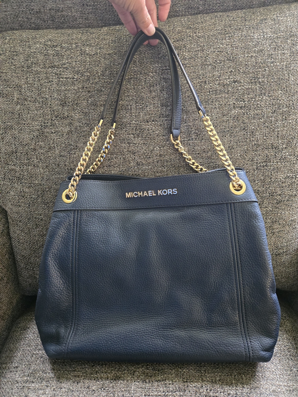 Michael Kors Navy Pebbled Leather Shoulder Bag with Gold Chain Straps